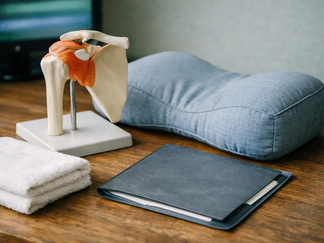 An anatomy model of a shoulder sits beside a blue cushion, folded towels, and a dark notebook on a wooden table