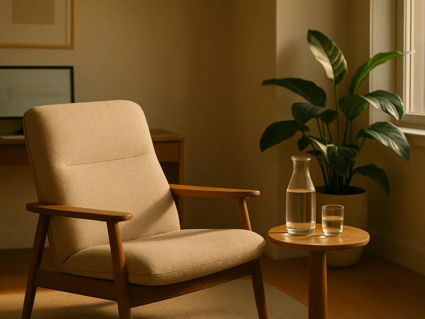 A beige armchair sits beside a small wooden table with a water carafe, glass, and potted plant in warm light