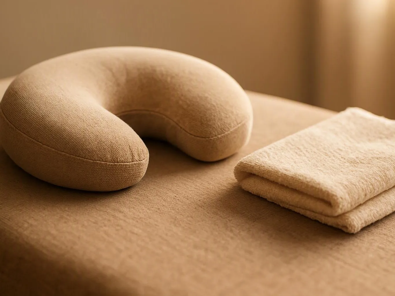 A beige U-shaped neck pillow sits beside folded towels on a softly lit bed