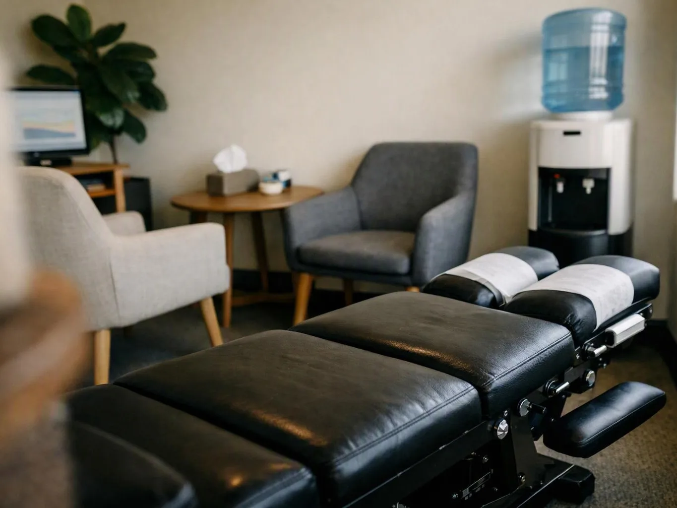 A black chiropractic table sits in a quiet waiting room with chairs, a small table, a plant, and a water cooler