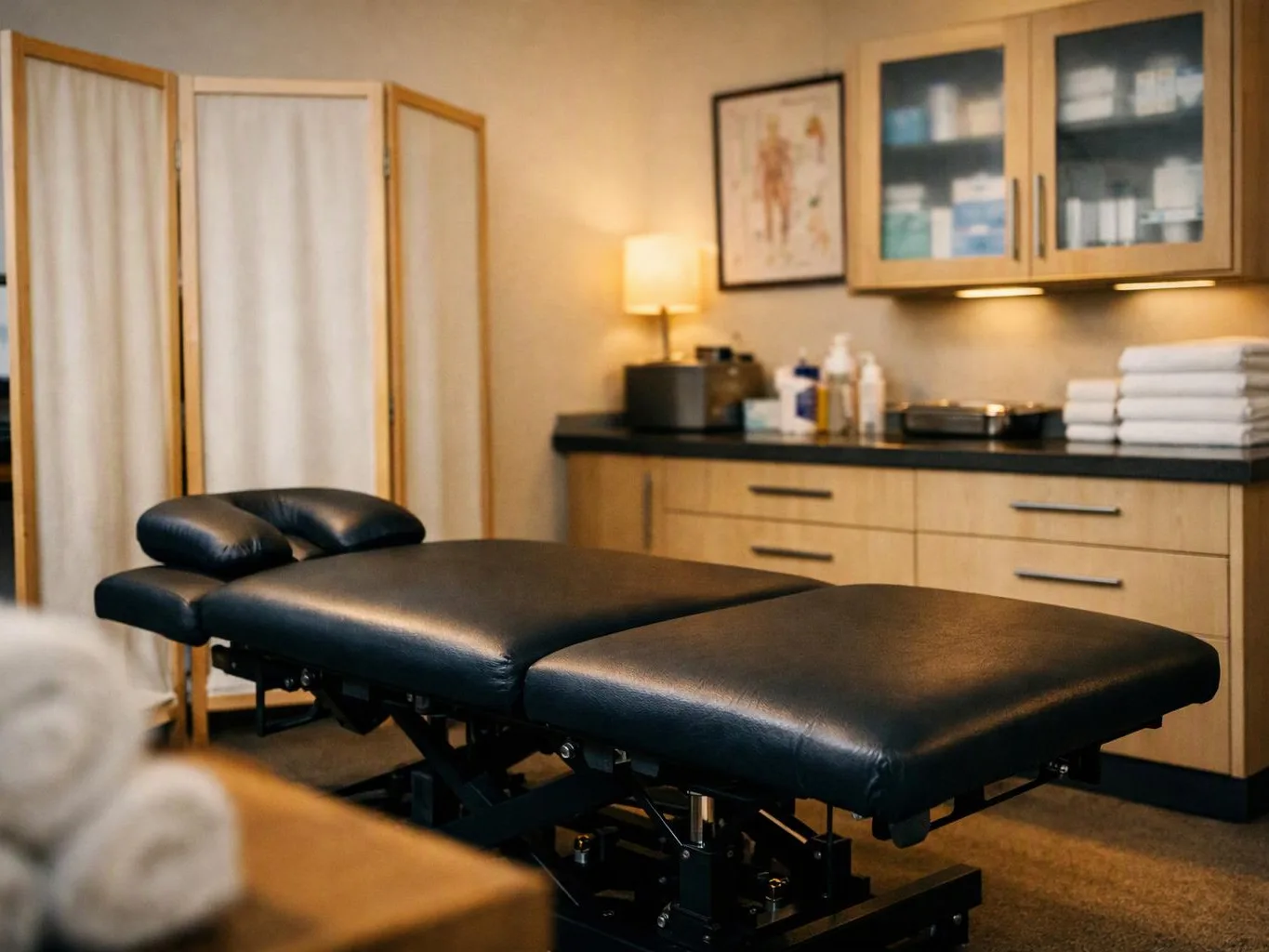 A black massage table sits in a quiet treatment room with cabinets, folded towels, and a lit lamp