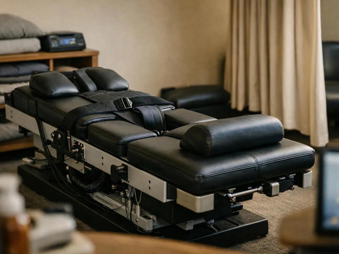 Black padded massage table with headrests sits in a quiet treatment room