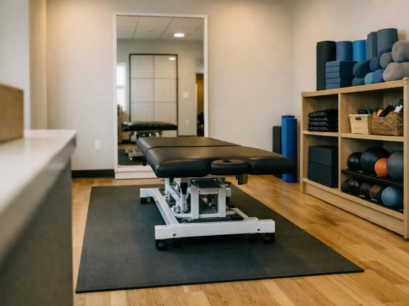 A black treatment table sits on a dark mat in a bright therapy room with shelves of exercise gear
