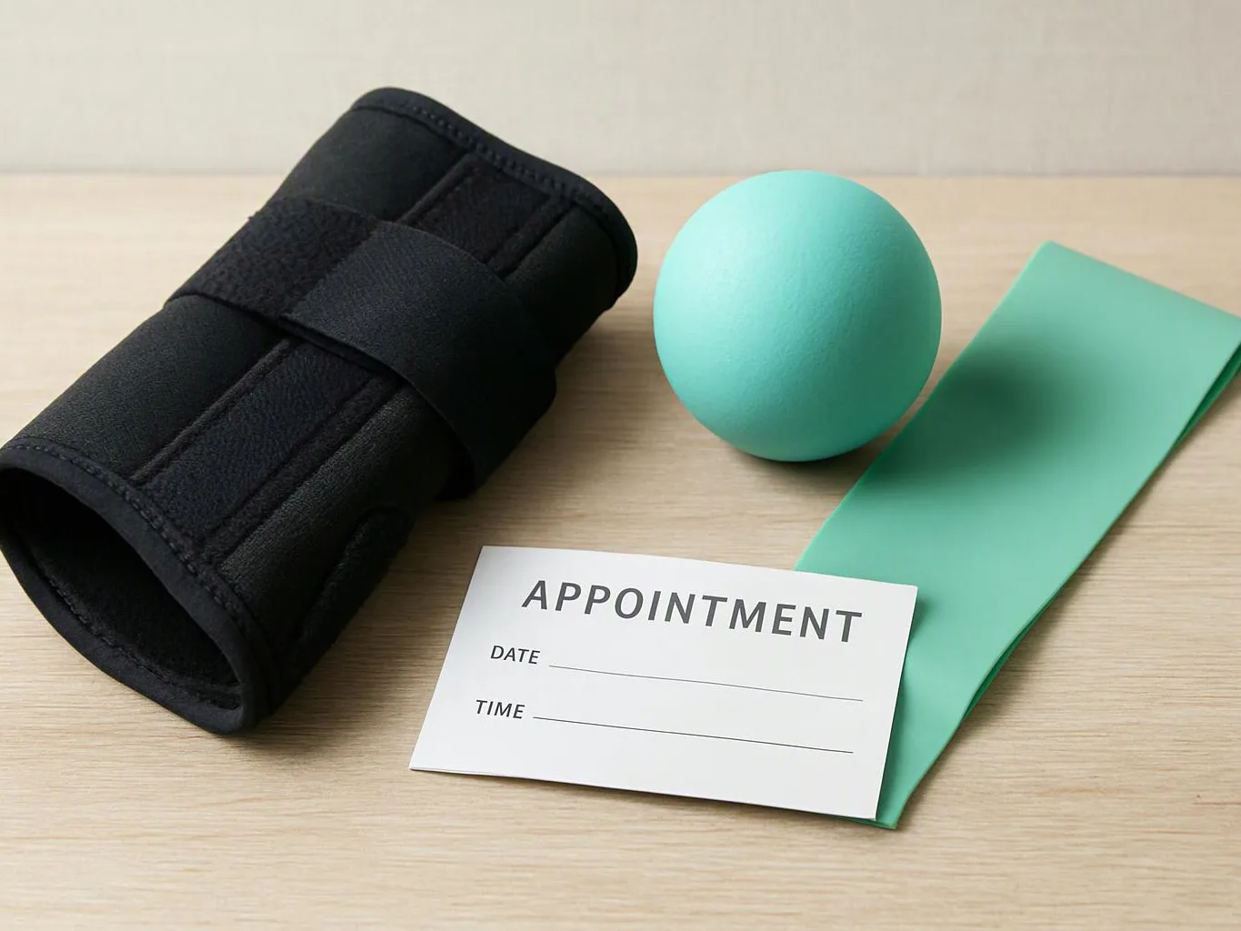 A black wrist brace, teal exercise ball, resistance band, and appointment card sit on a wooden table