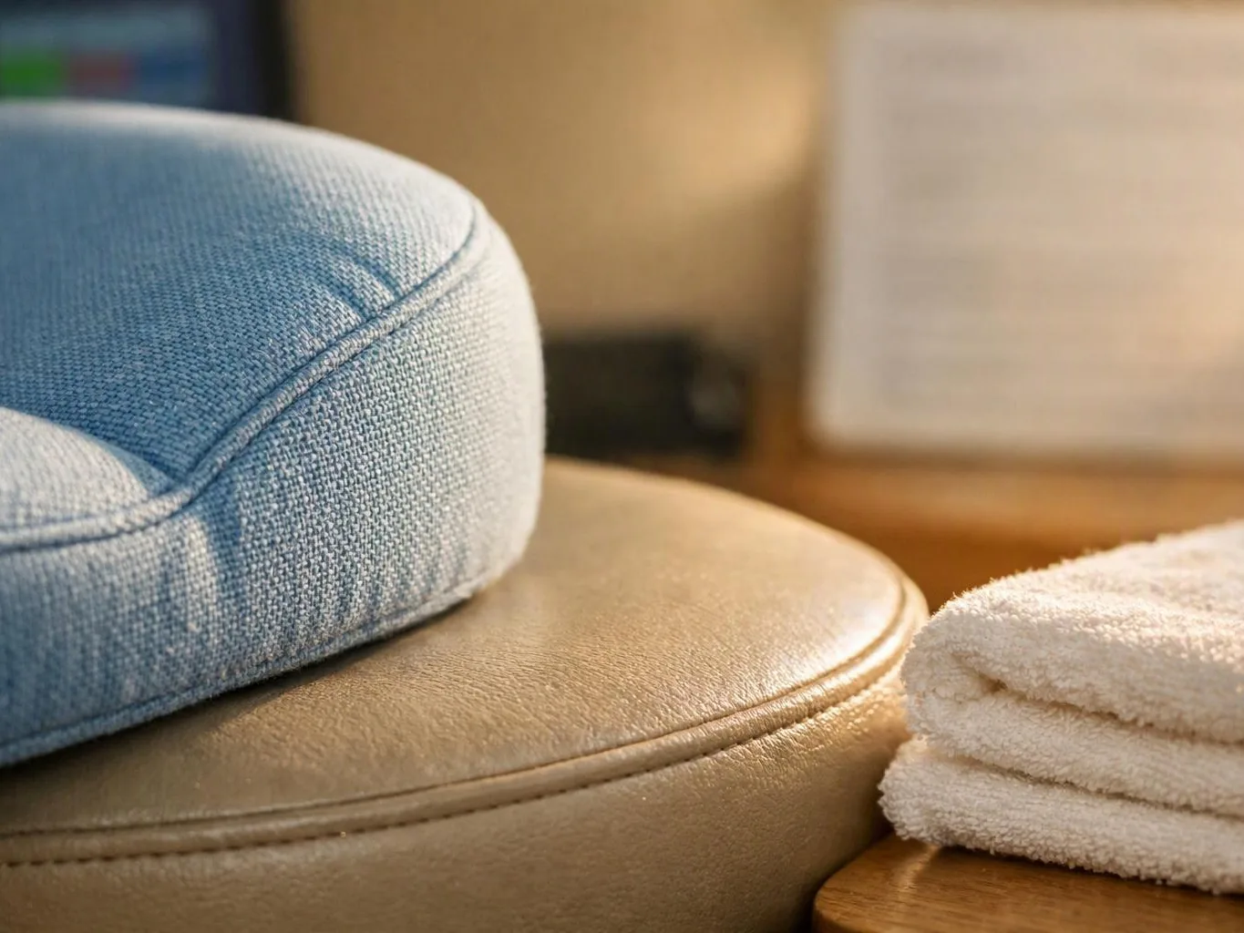 A blue cushion rests on a tan ottoman beside folded white towels and a wooden table