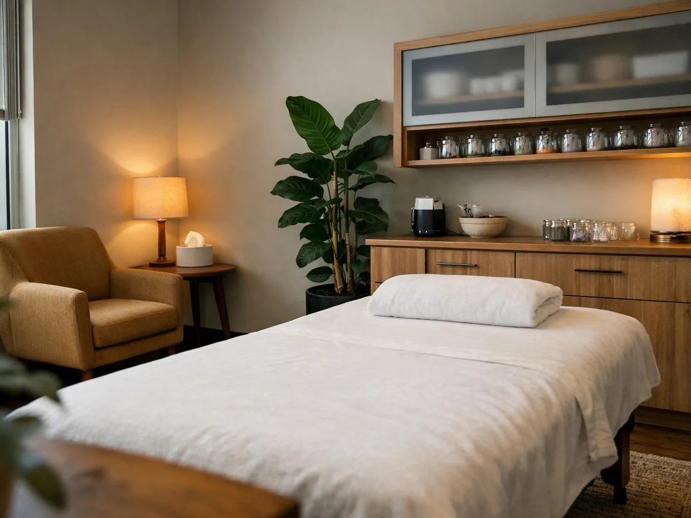 A calm treatment room holds a massage bed, armchair, lamps, a potted plant, and wood cabinets with jars