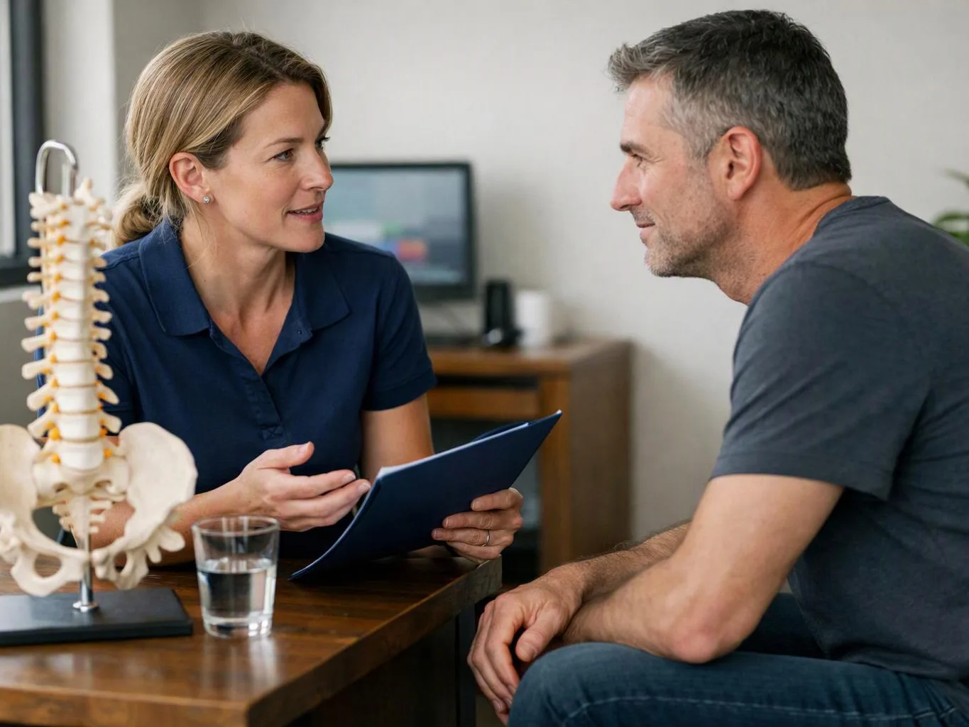 A clinician talks with a seated man beside a spine model and a glass of water in a consultation room