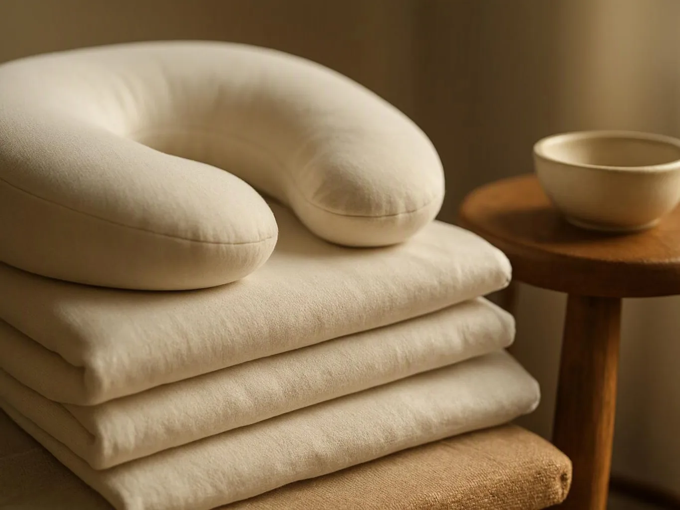 A cream neck pillow rests on folded beige cushions beside a small wooden table with a bowl