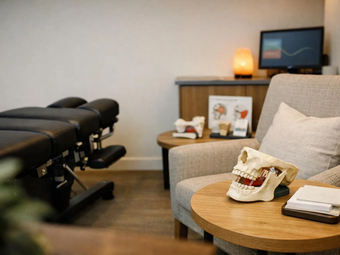 A dental exam room shows a black treatment chair, model jaws on a round table, and a glowing lamp near a screen