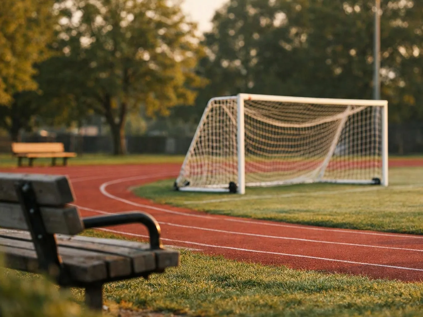 An empty soccer goal sits by a red running track, with a bench in the foreground and trees behind