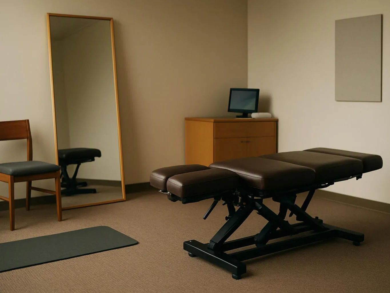 An empty therapy room shows a padded treatment table, a chair, a floor mirror, and a small cabinet with a monitor