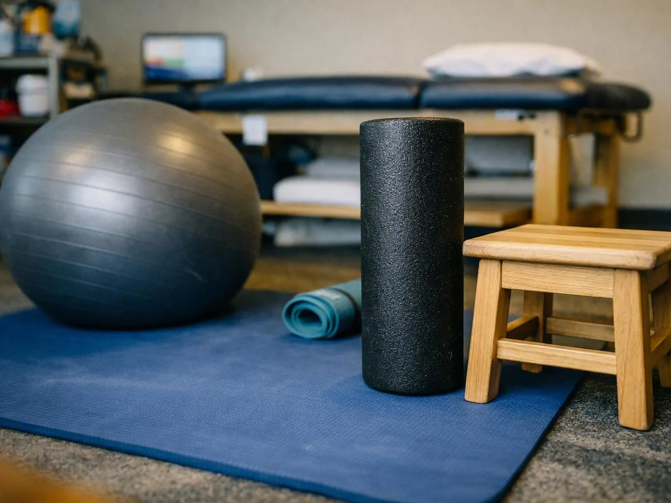 Exercise balls, foam roller, yoga mat, and a small wooden step stool in a therapy room