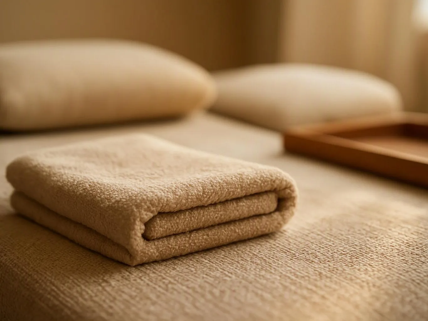 Folded beige towels sit on a textured bed beside two pillows and a wooden tray