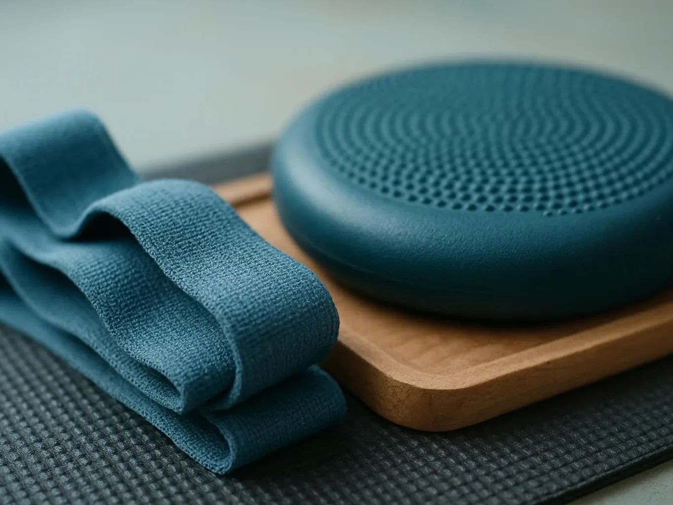 A folded blue yoga strap sits beside a round cushion on a wooden block over a dark mat