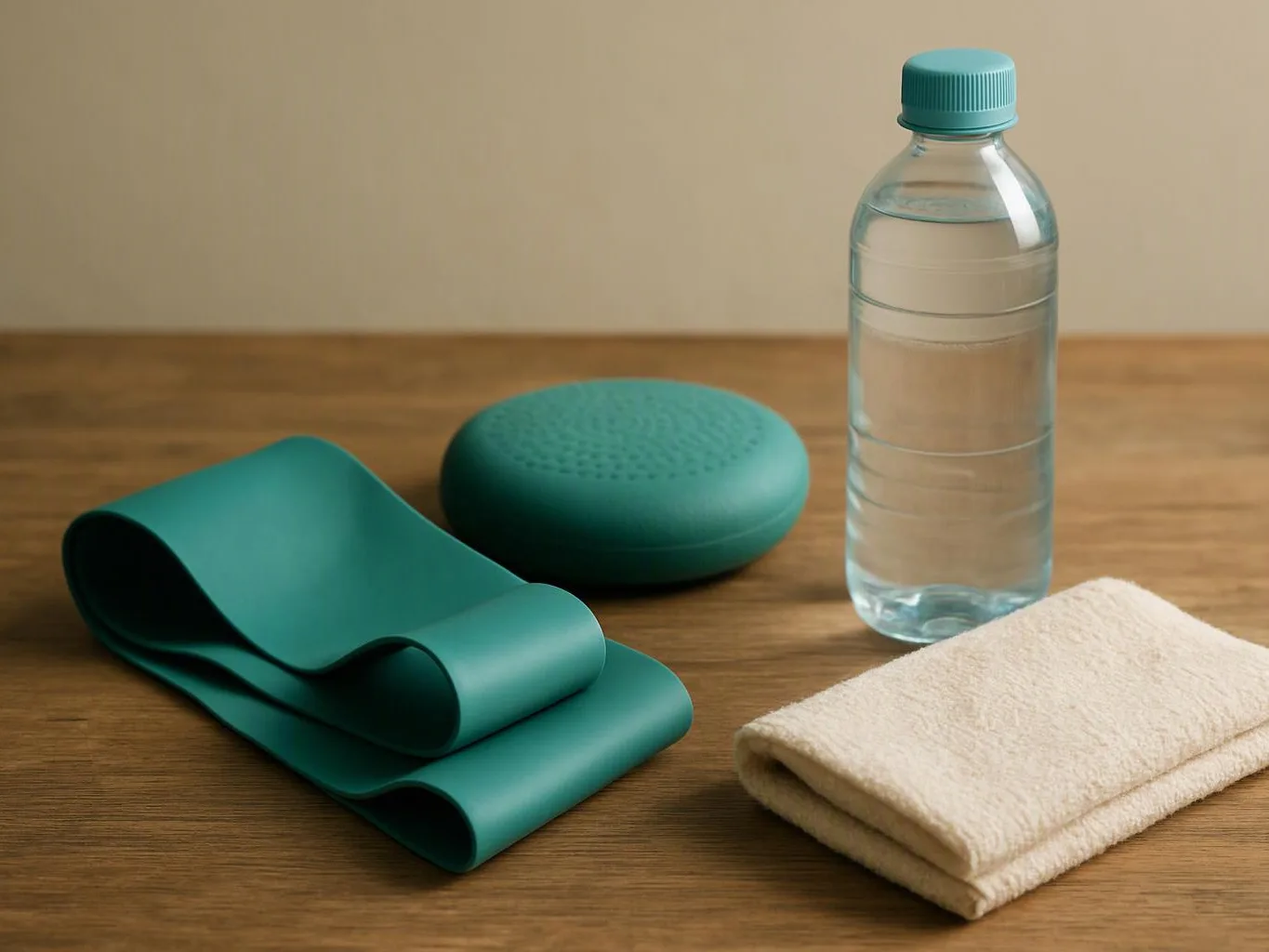 Folded teal exercise mat, round cushion, water bottle, and folded towel arranged on a wooden table