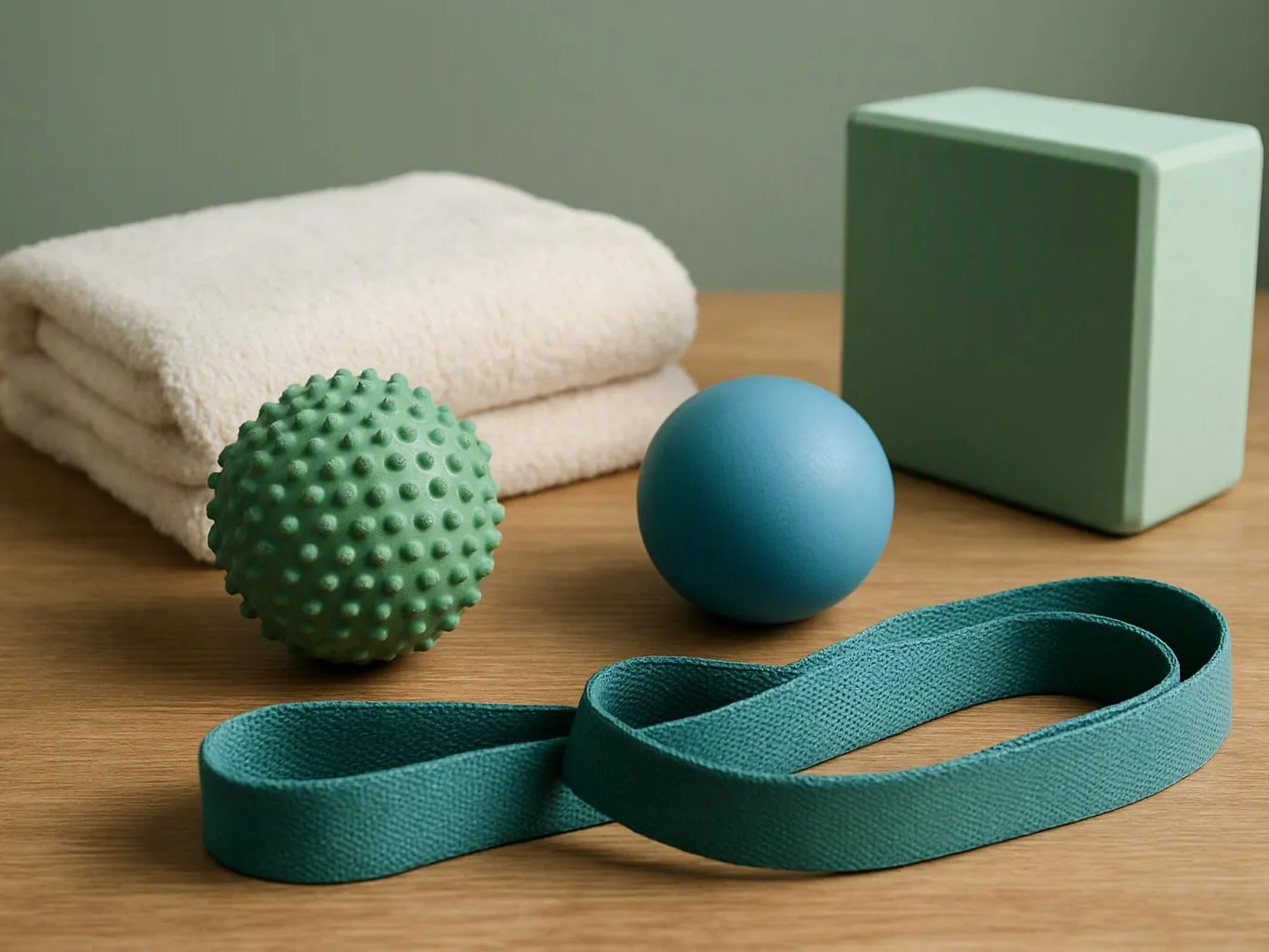 A folded white towel, two exercise balls, a teal resistance band, and a pale green block sit on a wooden table