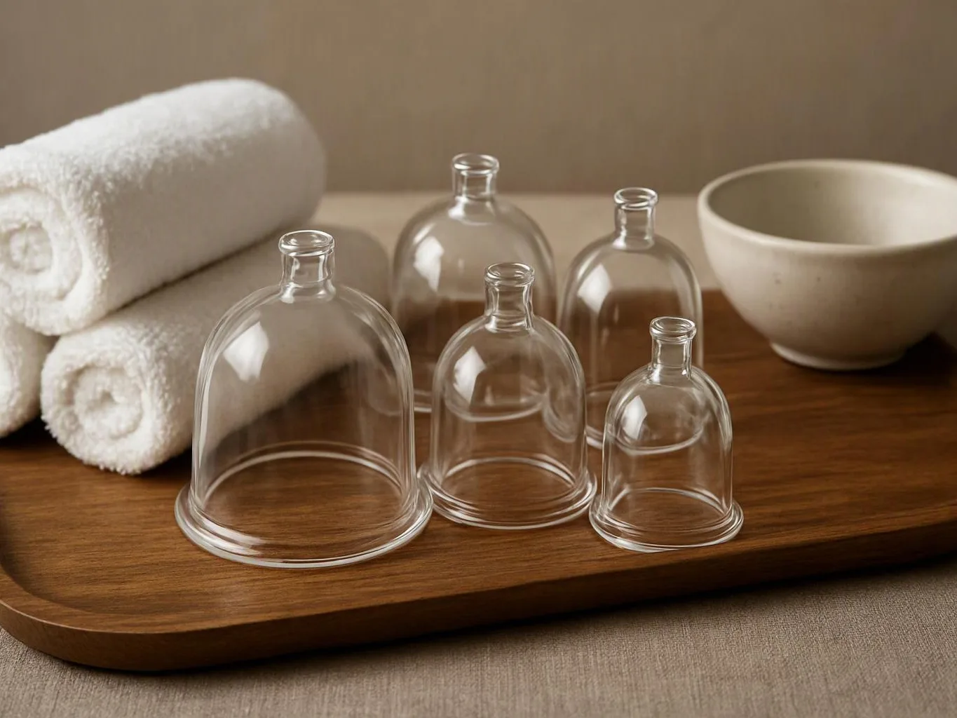 Glass dome covers sit on a wooden tray beside rolled white towels and a ceramic bowl