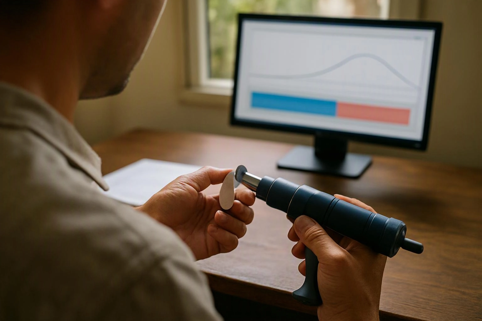 A person holds a rotary tool and sharpens a small metal piece at a wooden desk near a computer monitor