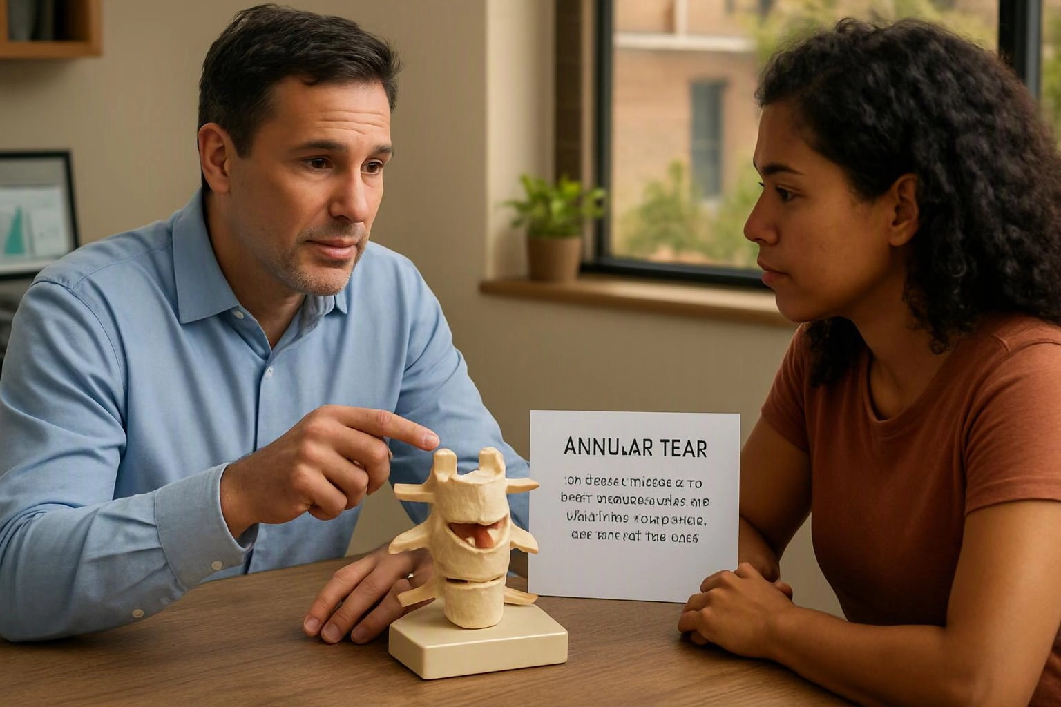 A man points at a spine model while a woman listens beside a card labeled “ANNULAR TEAR”