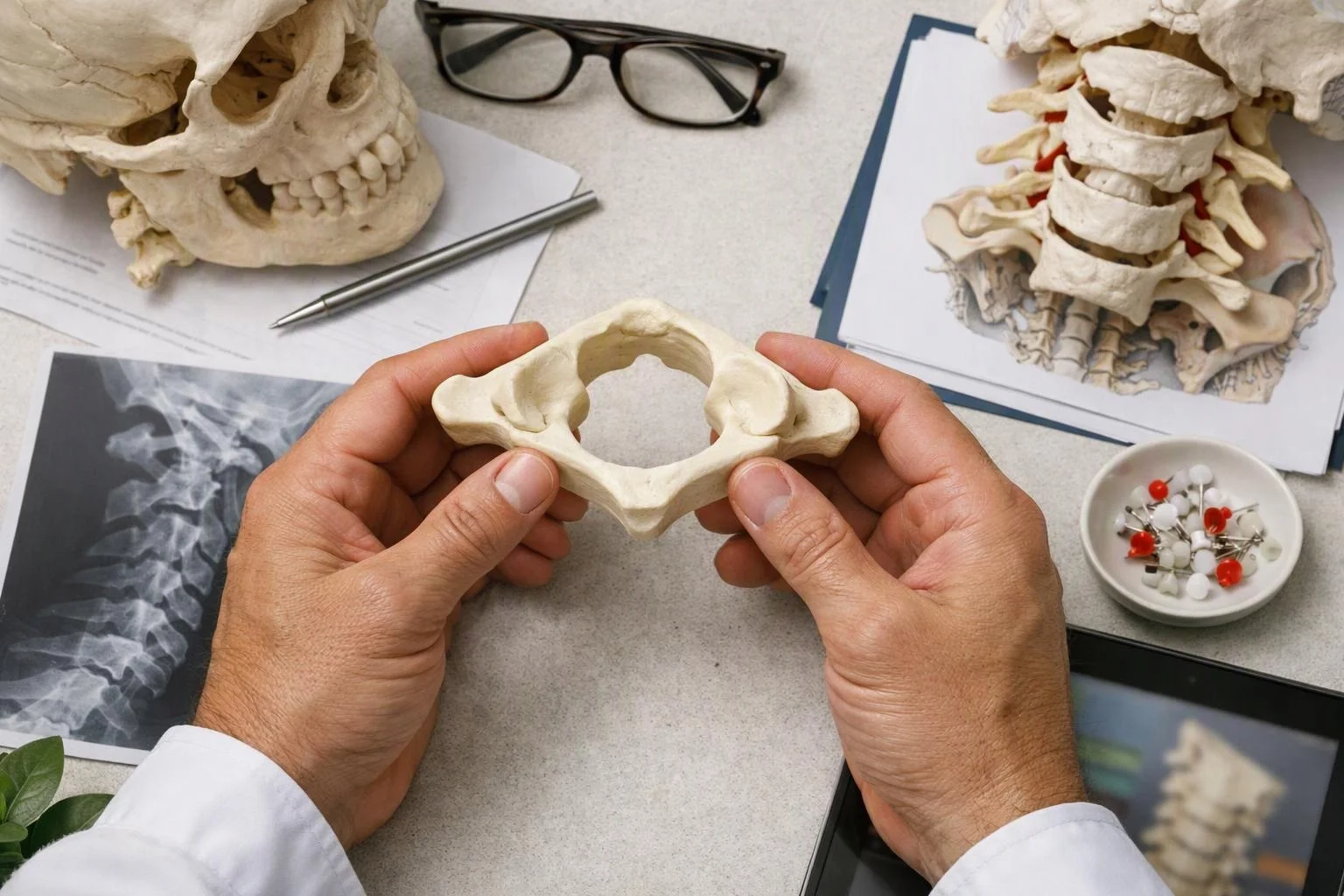 Hands in a white coat hold a vertebra above anatomy images, skull models, glasses, and pins on a desk