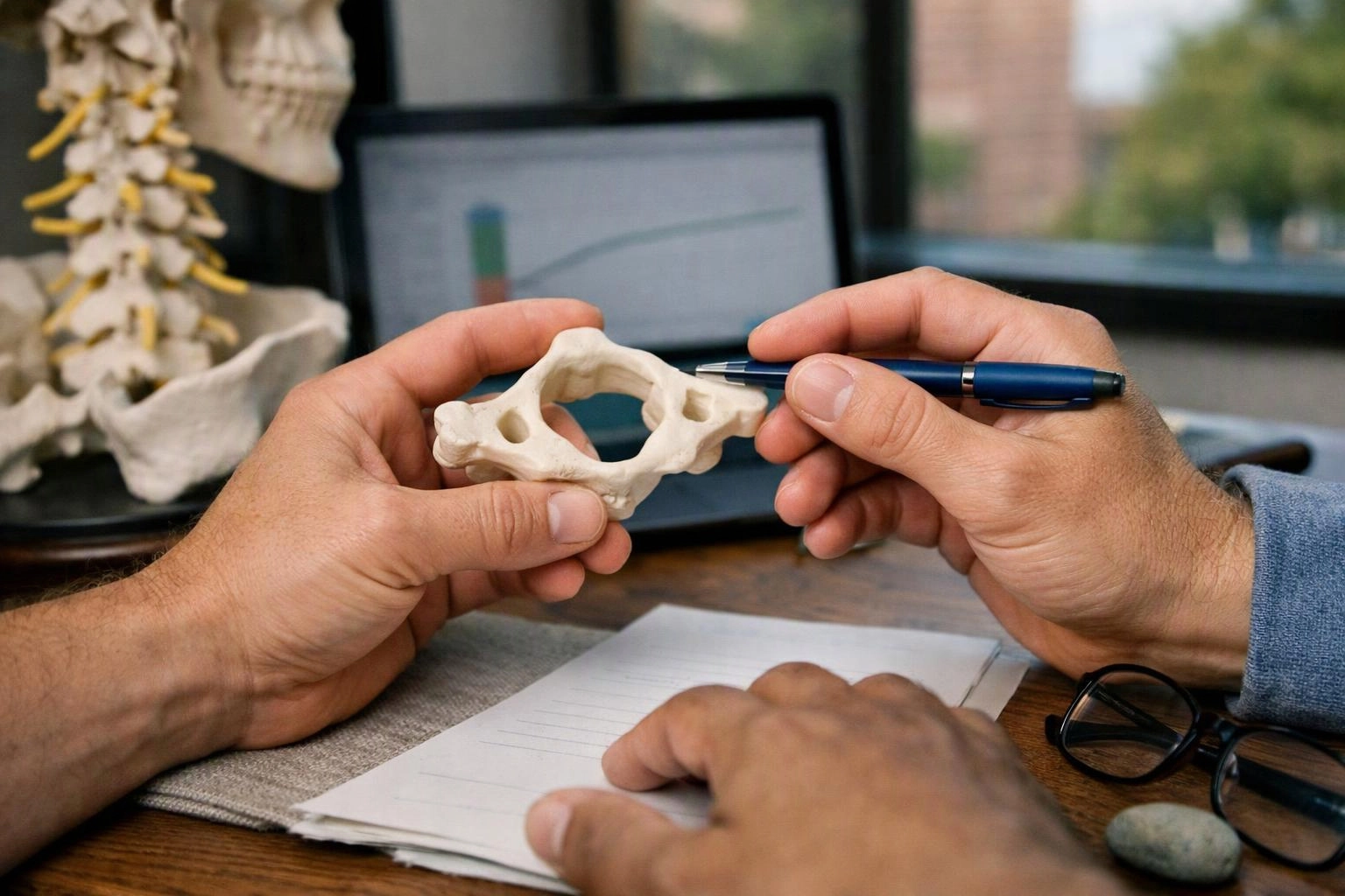 Two hands examine a small white bone model with a pen at a desk, with a laptop and spine model behind them