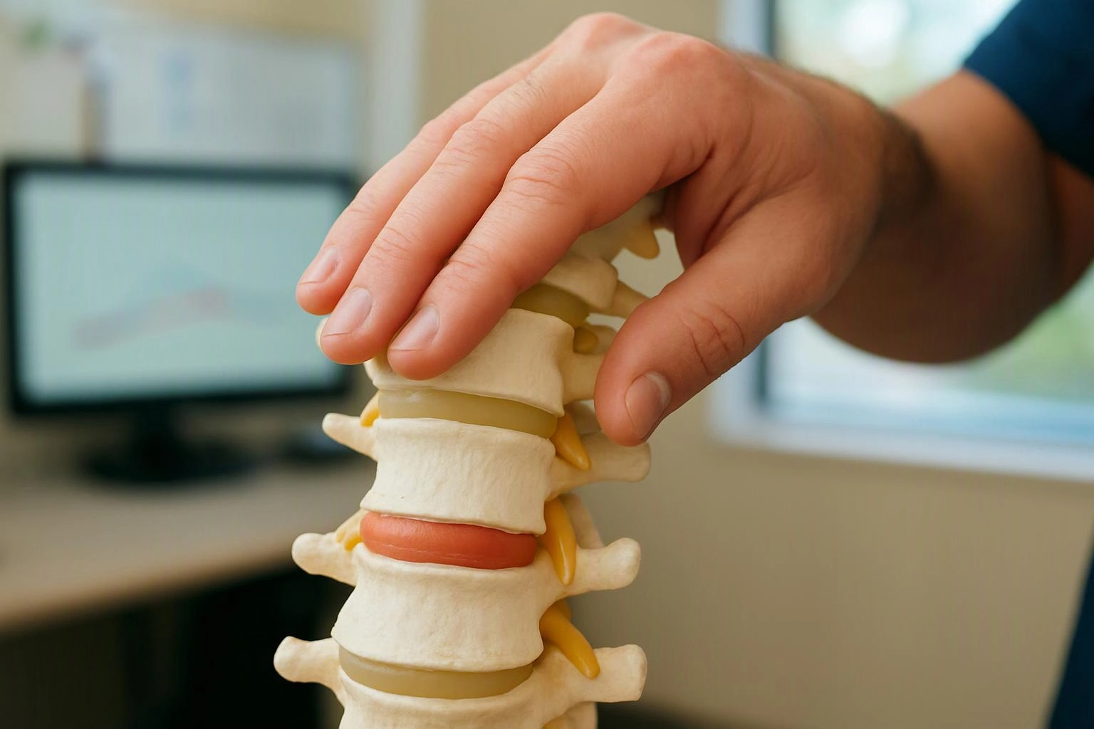 A hand presses a model spine with colored discs in a blurred office setting