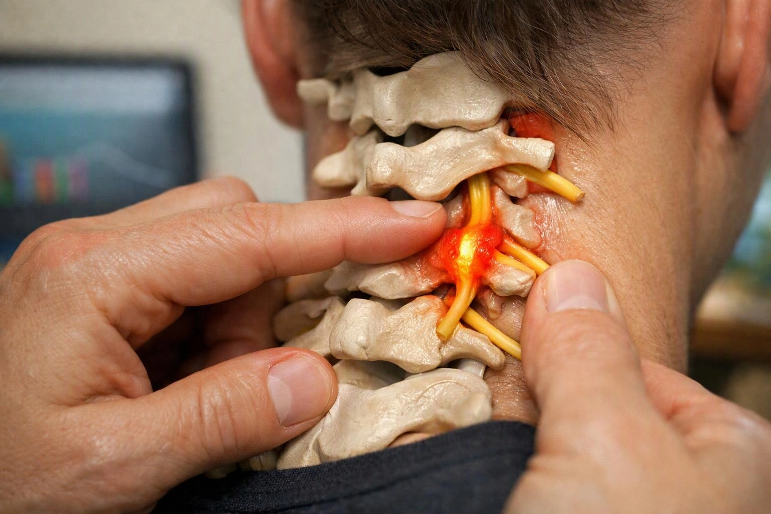 Hands press a neck model showing spinal bones and a glowing irritated nerve at the back of a person’s neck