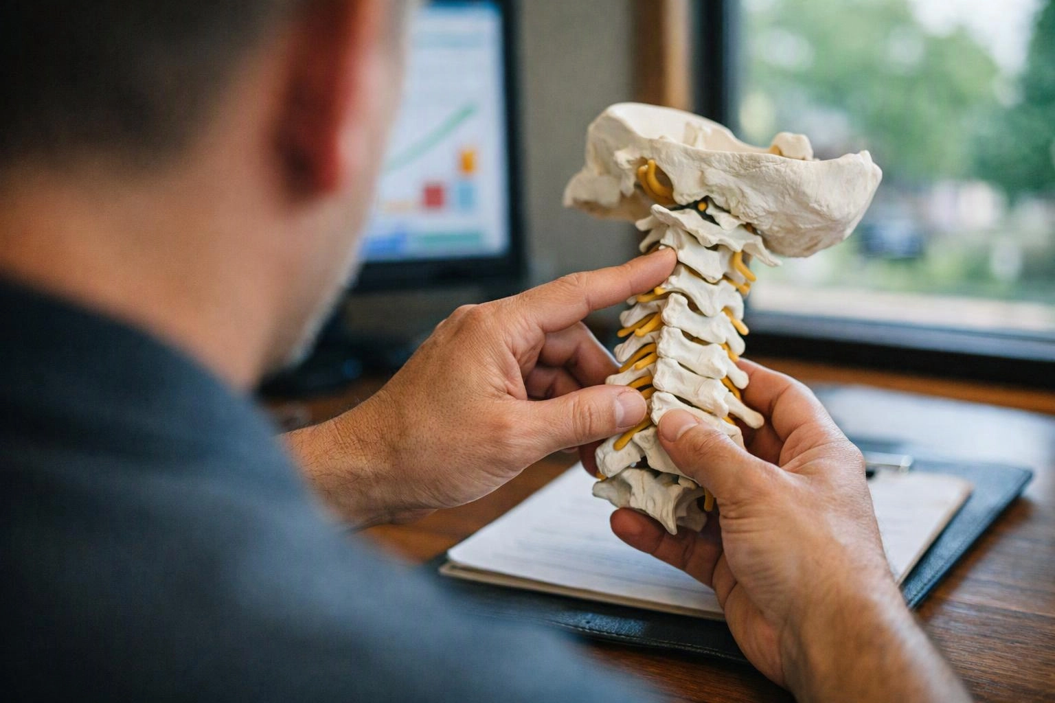 A person examines a neck spine model at a desk near a window and monitor