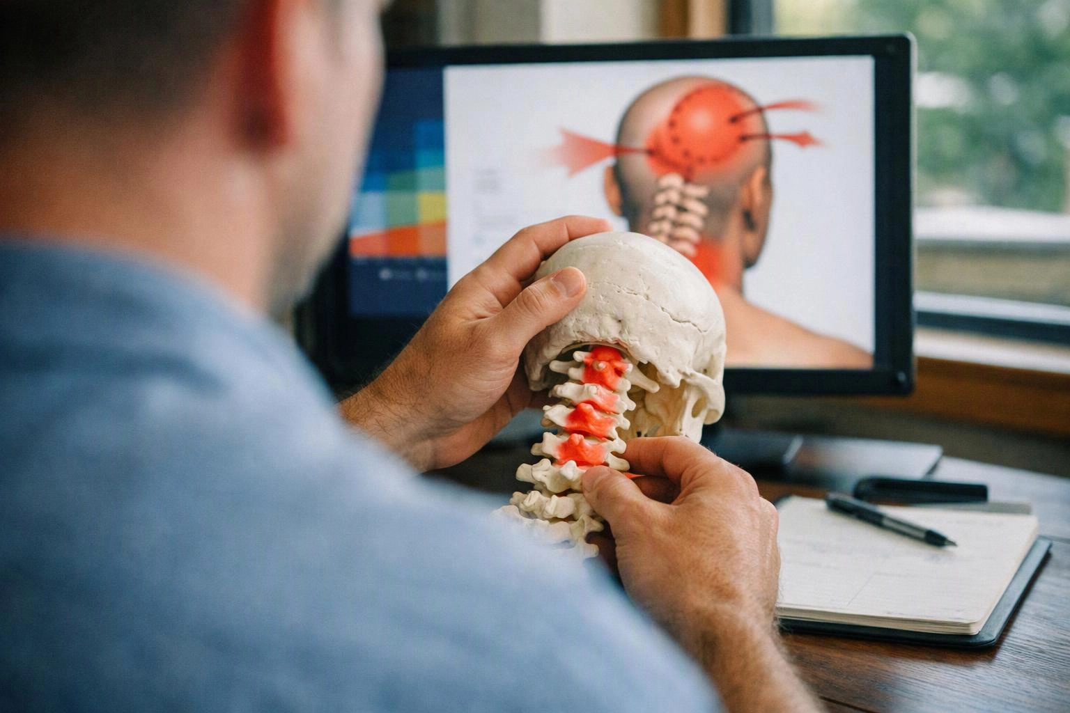 A person studies a neck model while a computer shows a back-of-head pain diagram at a desk