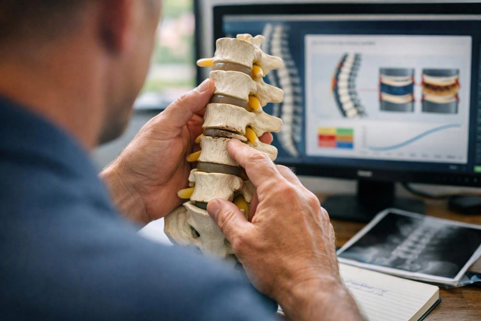 A person holds a spine model at a desk while viewing medical scans on a computer screen