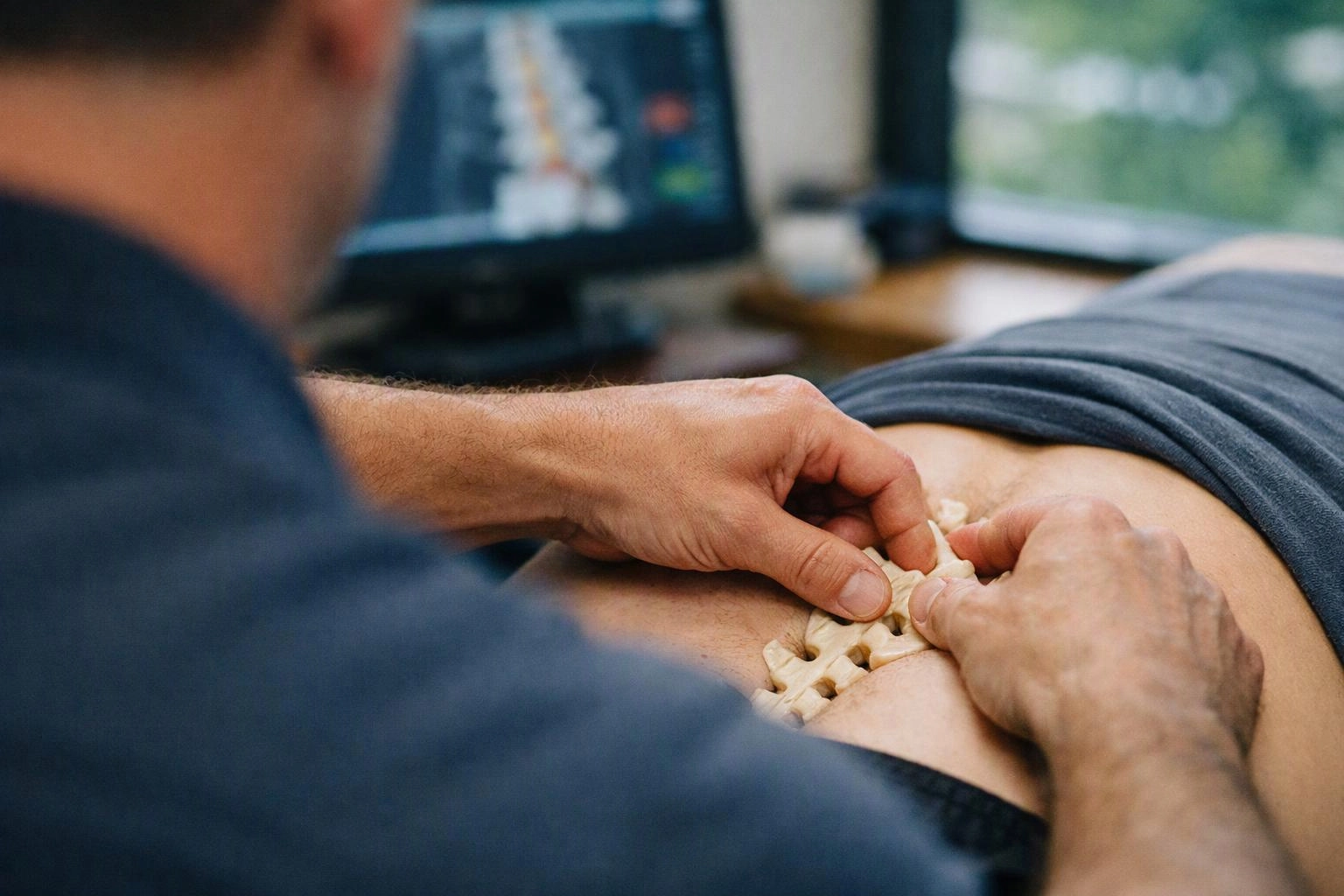 A therapist presses a spinal model against a patient's lower back in a clinic room