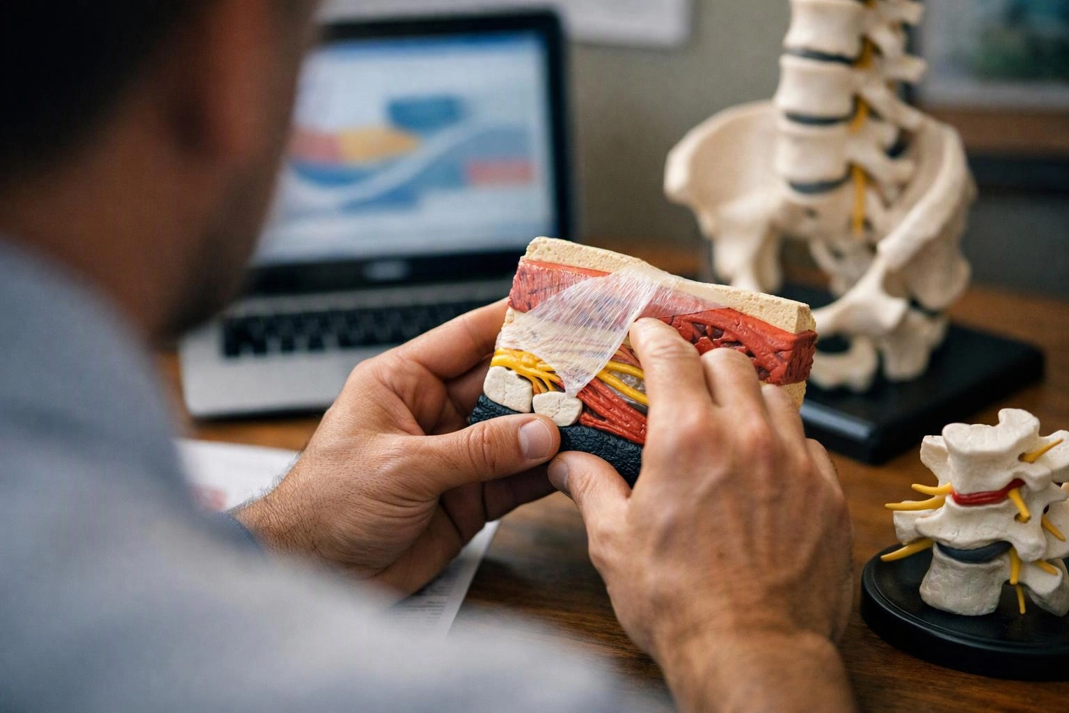 A person studies a colorful spine model at a desk with a laptop and other anatomy models nearby