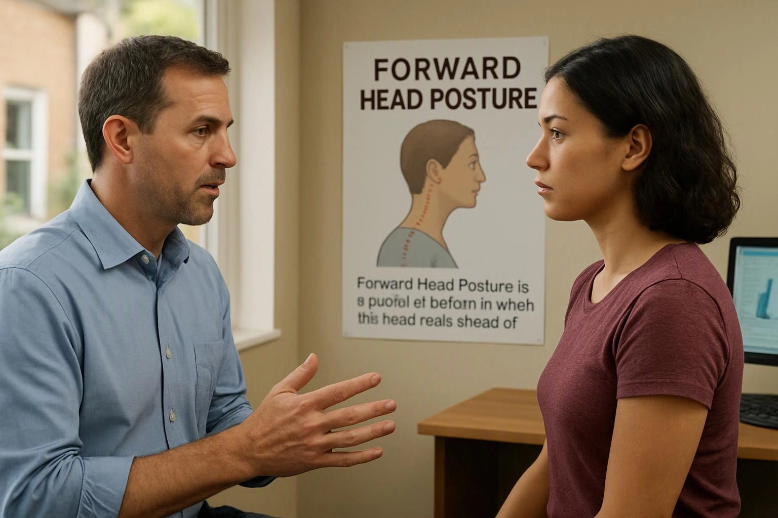 A man gestures while talking to a woman in a room with a forward head posture poster