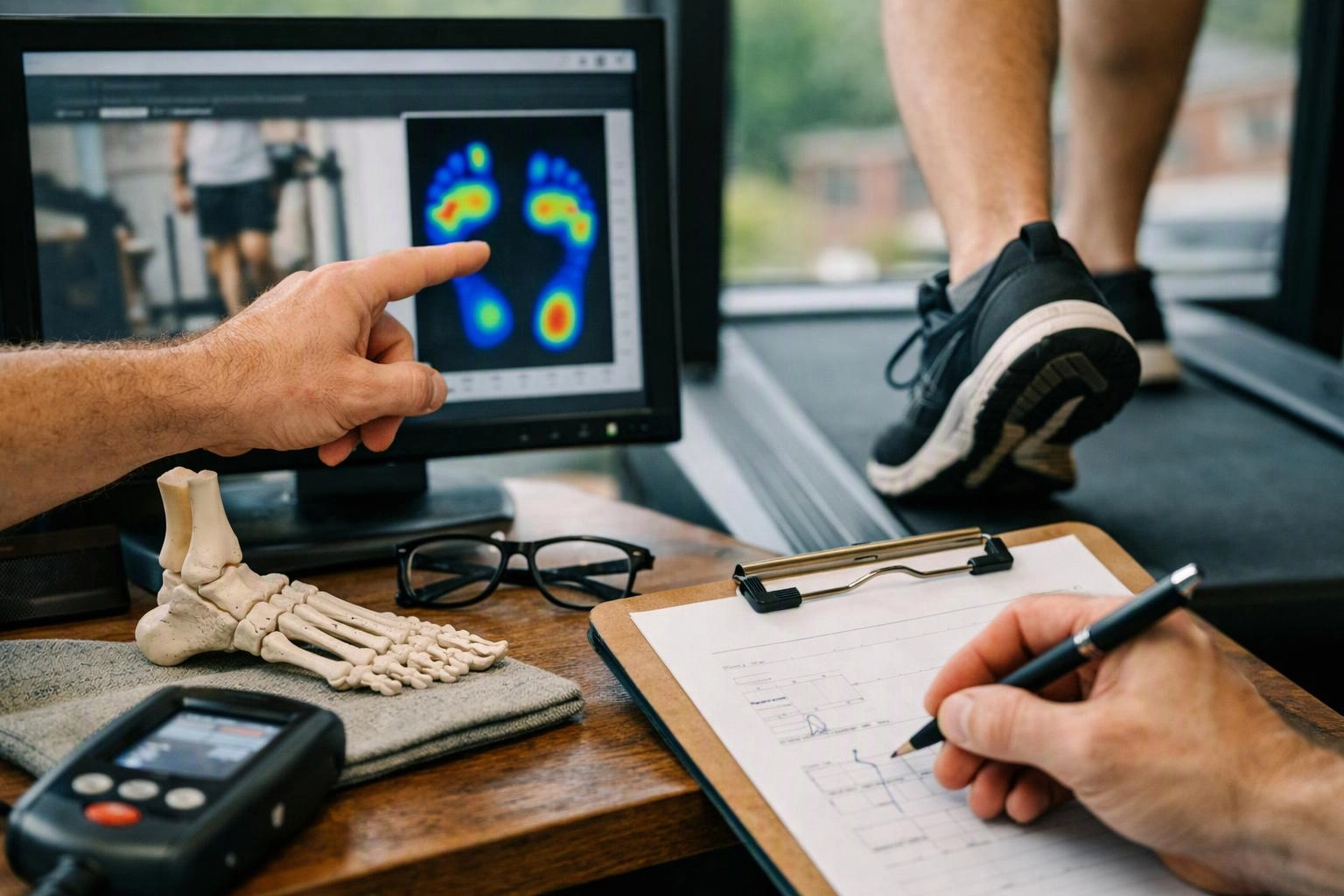 A clinician points at a foot pressure screen while a runner walks on a treadmill in a lab setting