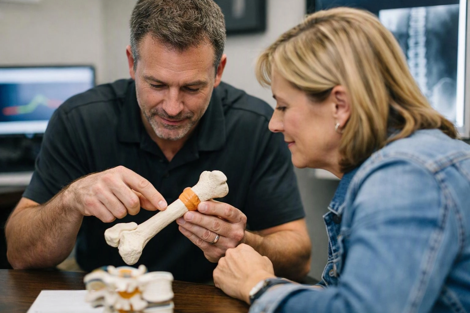 A man points to a bone model while talking with a woman at a table in a bright office