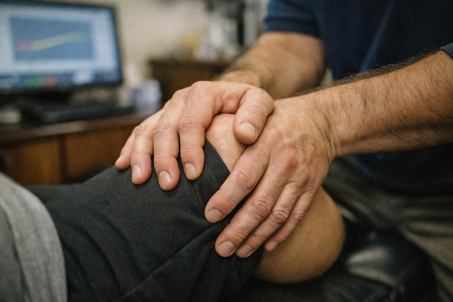 A man holds another person's bent knee in a blurred indoor clinic setting