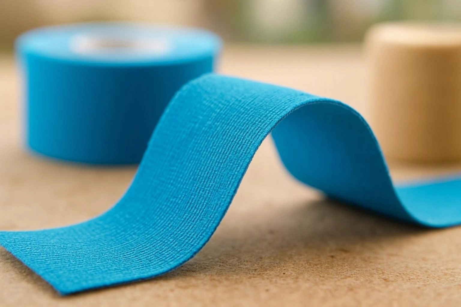 A blue fabric tape strip curves across a tabletop, with two blurred tape rolls behind it