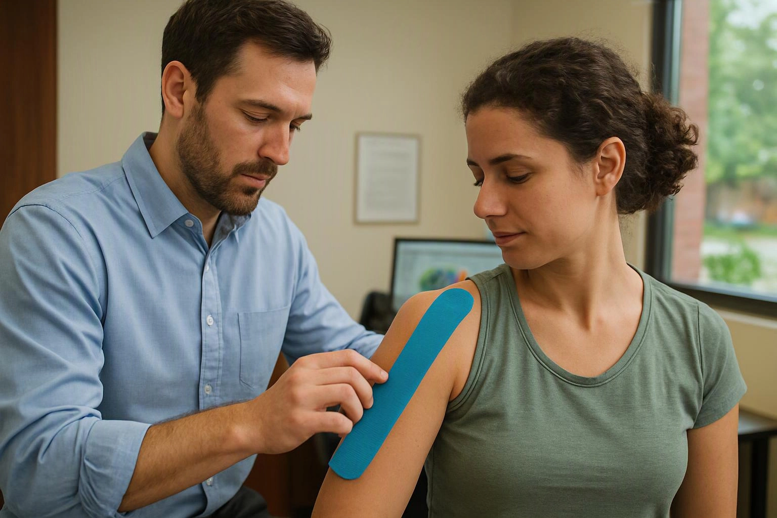 A man applies blue kinesiology tape to a woman’s upper arm in a bright clinic room