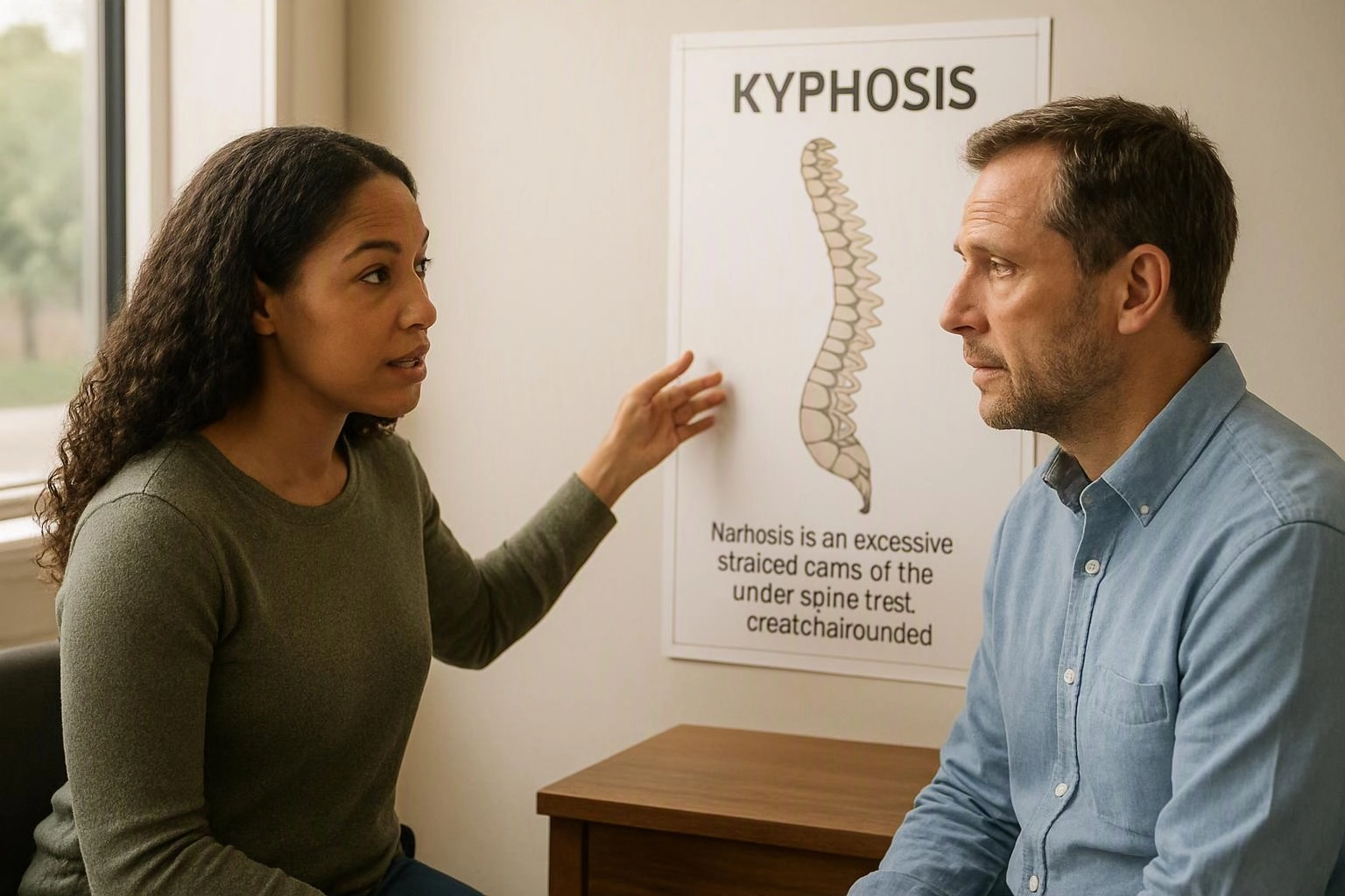 A woman points at a kyphosis spine poster while speaking to a seated man in a clinic room