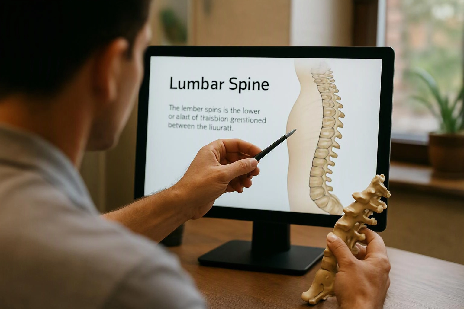 A person points at a lumbar spine diagram on a computer screen while holding a spine model at a desk