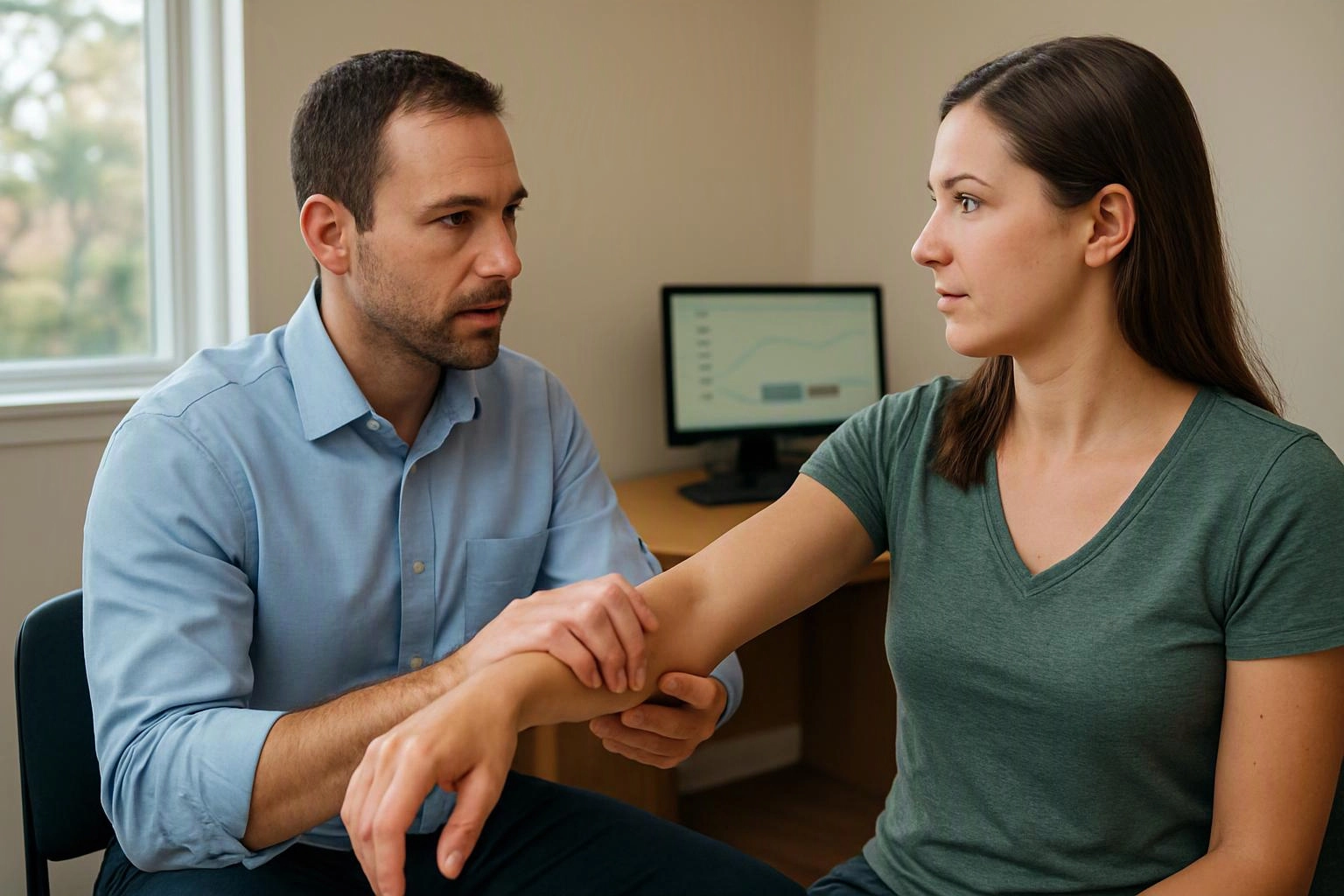 A man checks a woman’s arm in a small office, with a computer and window behind them
