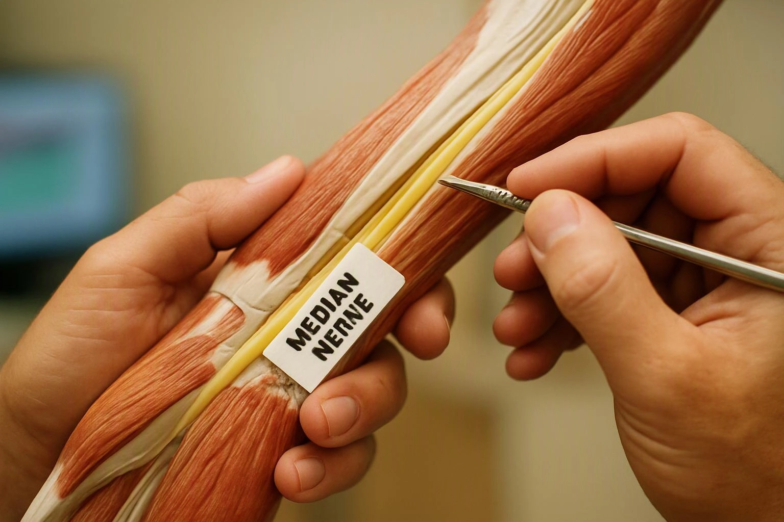Hands point to a labeled muscle model with tweezers, showing the median nerve on a beige background
