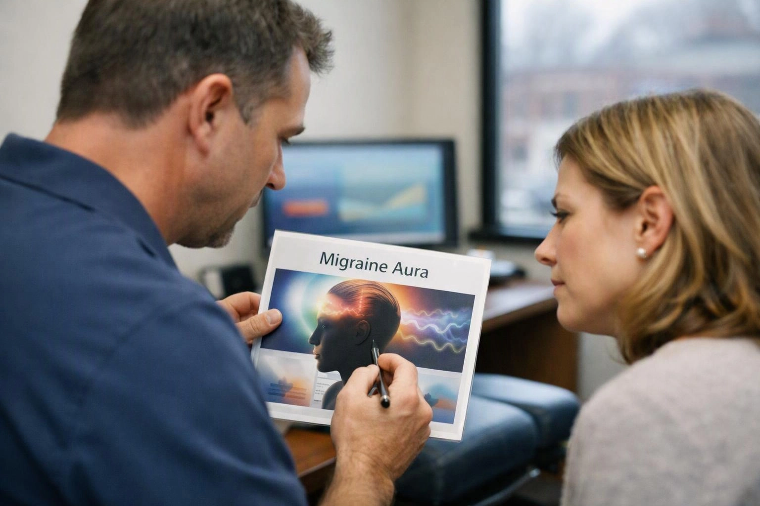 A man shows a woman a printed page titled Migraine Aura in an office setting