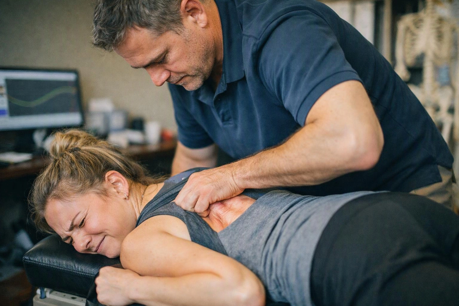 A man presses on a woman’s back as she lies face down on a padded treatment table in a clinic
