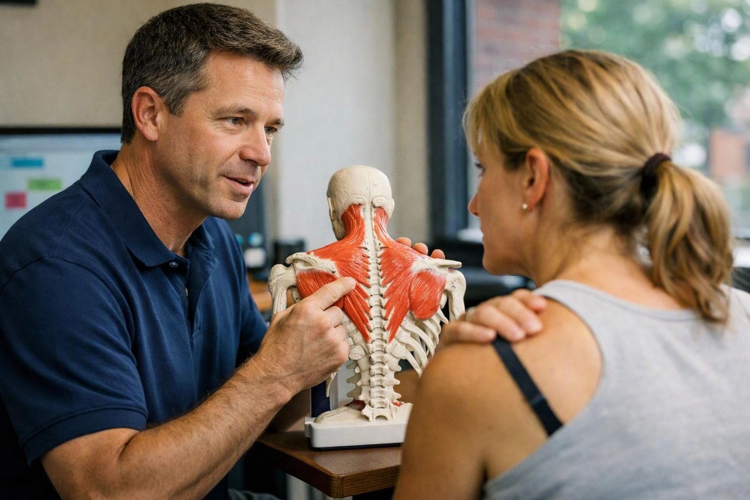 A man points to a shoulder muscle model while speaking to a seated woman in a clinic room