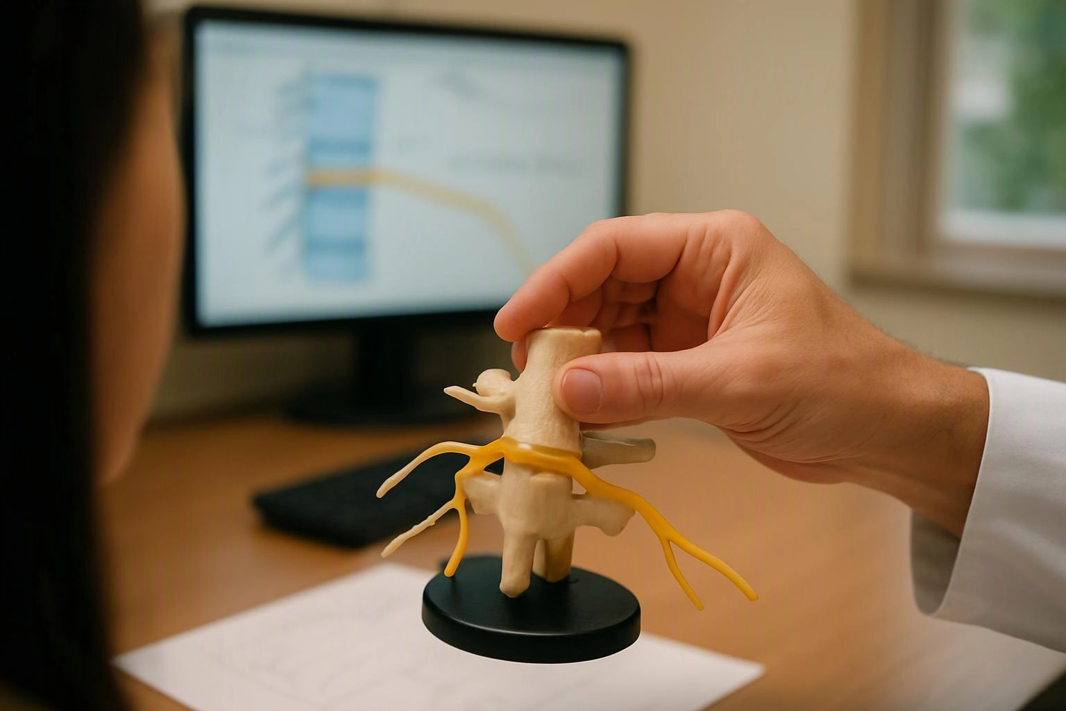 A hand holds a spine model beside a blurred computer monitor on a desk