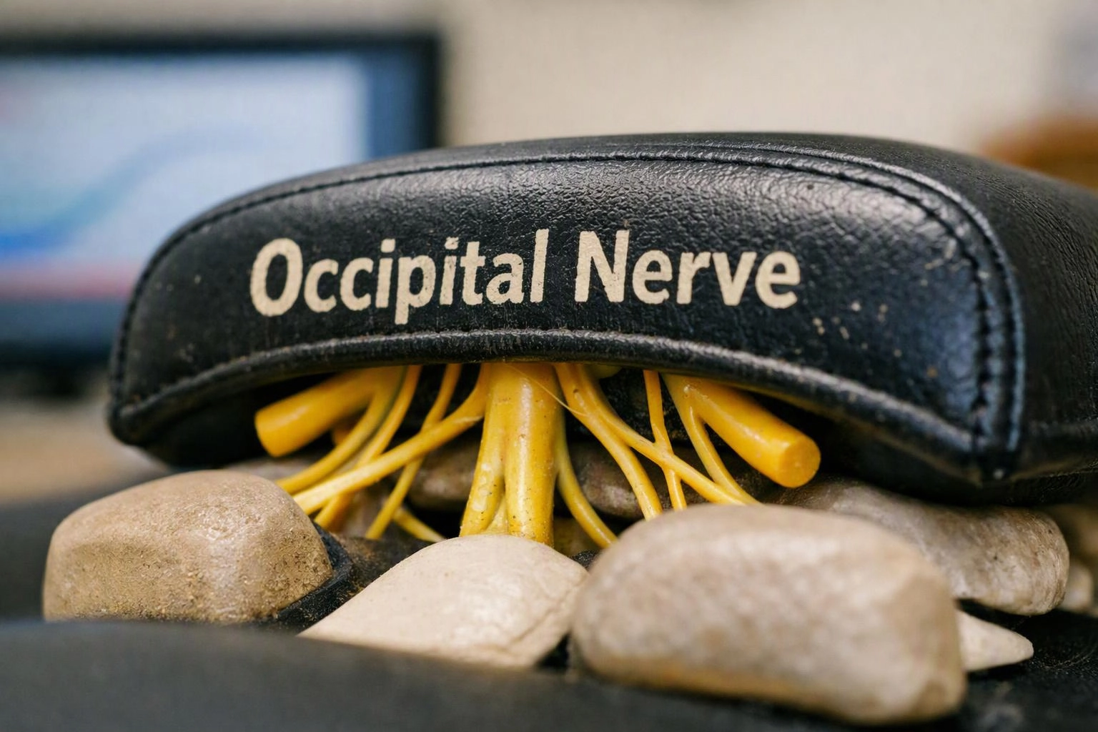 A close-up shows a black padded model labeled Occipital Nerve with yellow nerve strands and beige stone-like pieces beneath it