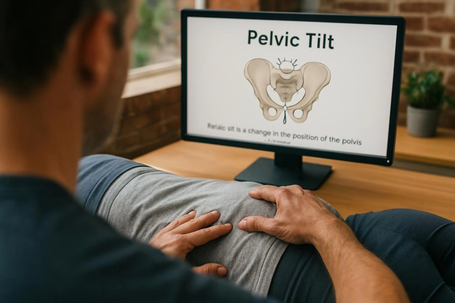 A person presses another person's lower back while a monitor shows a pelvic tilt diagram