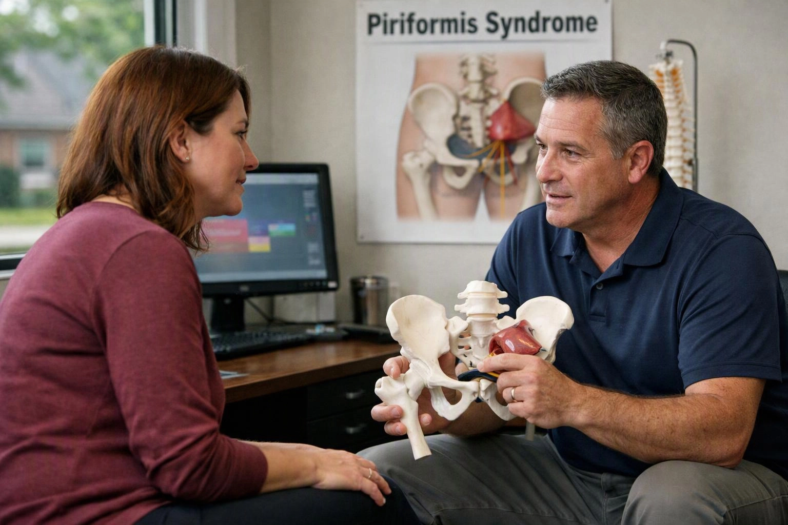 A man shows a pelvis model to a woman during a conversation in a medical office