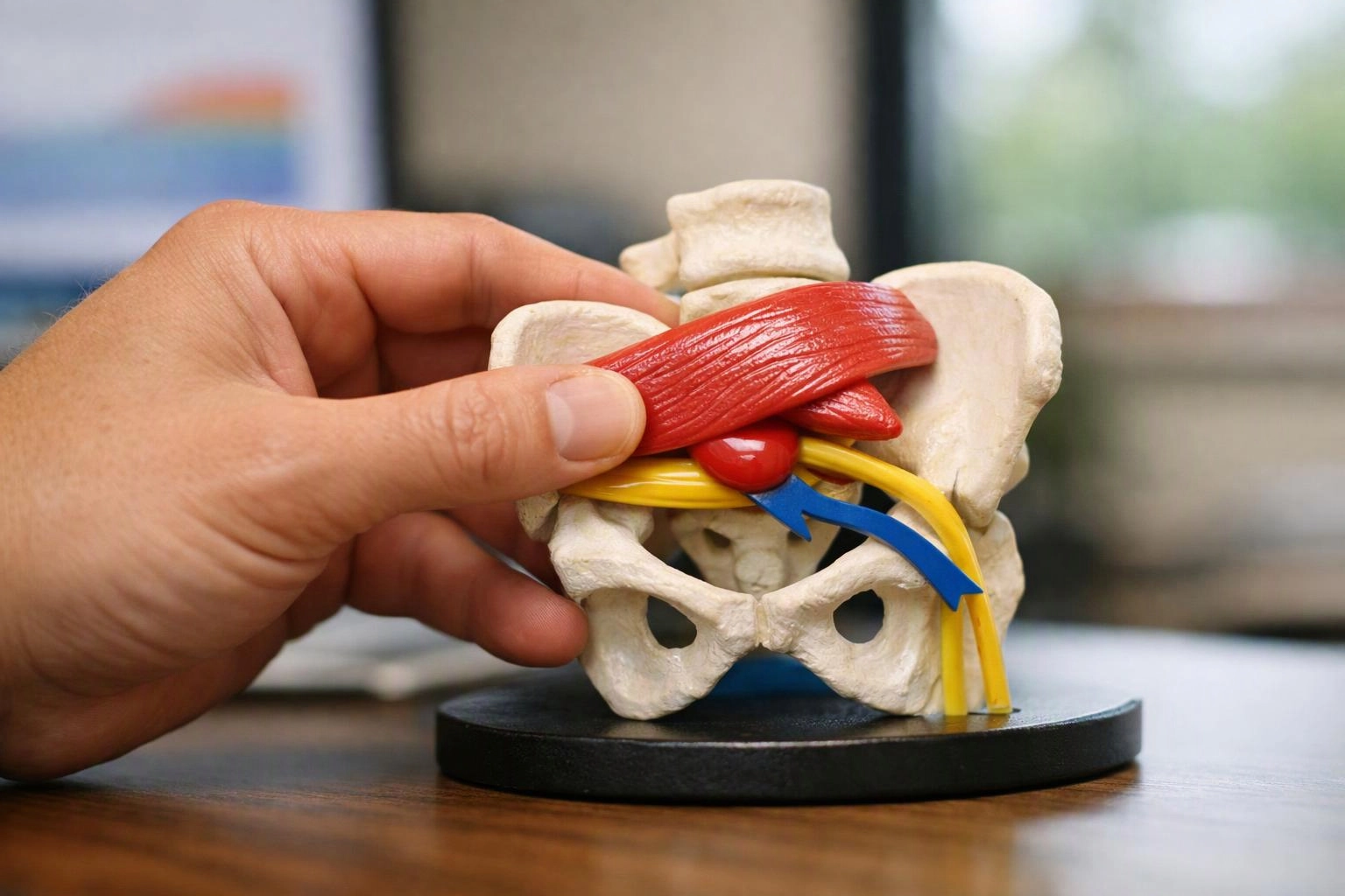 A hand adjusts a colorful anatomy model of a pelvis and nearby nerves on a table